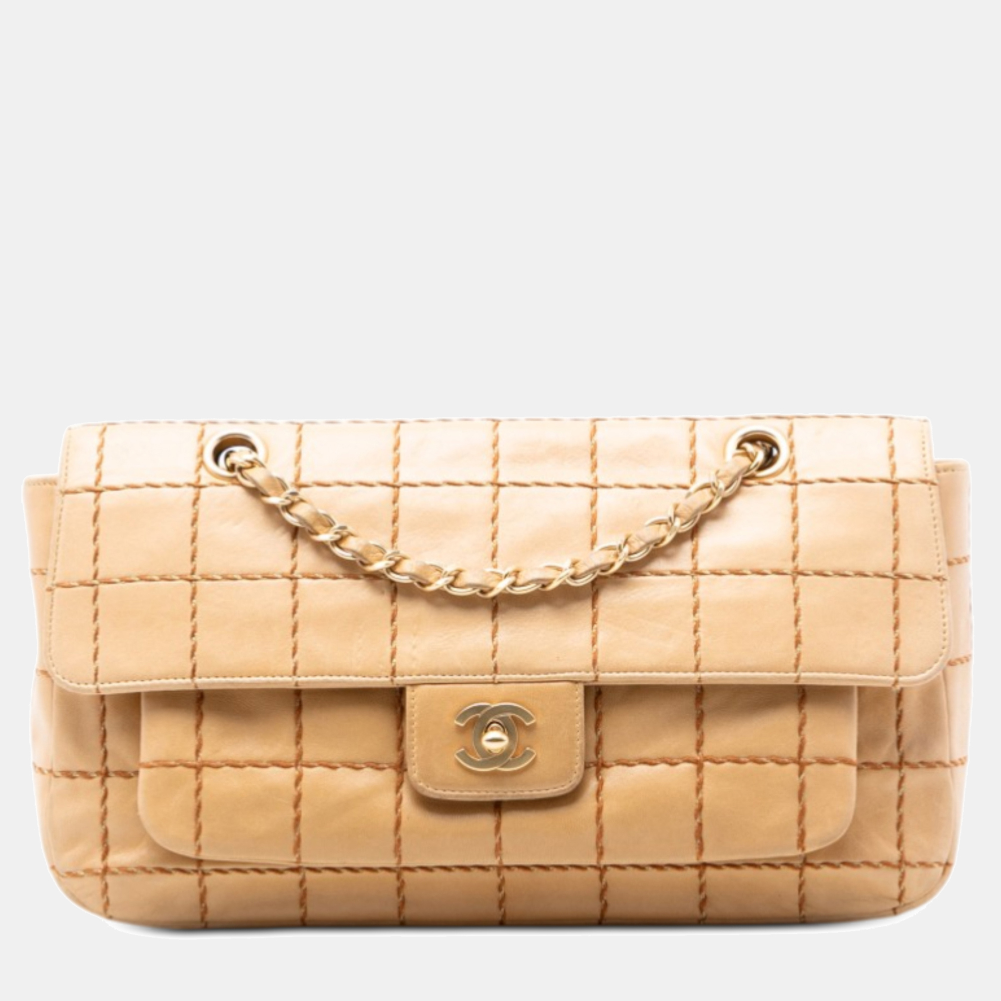 

Chanel Beige Chocolate Bar Lambskin Wild Stitch Chain Flap