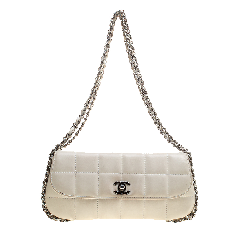 Chanel White Square Quilted Leather East West Baguette Flap Bag