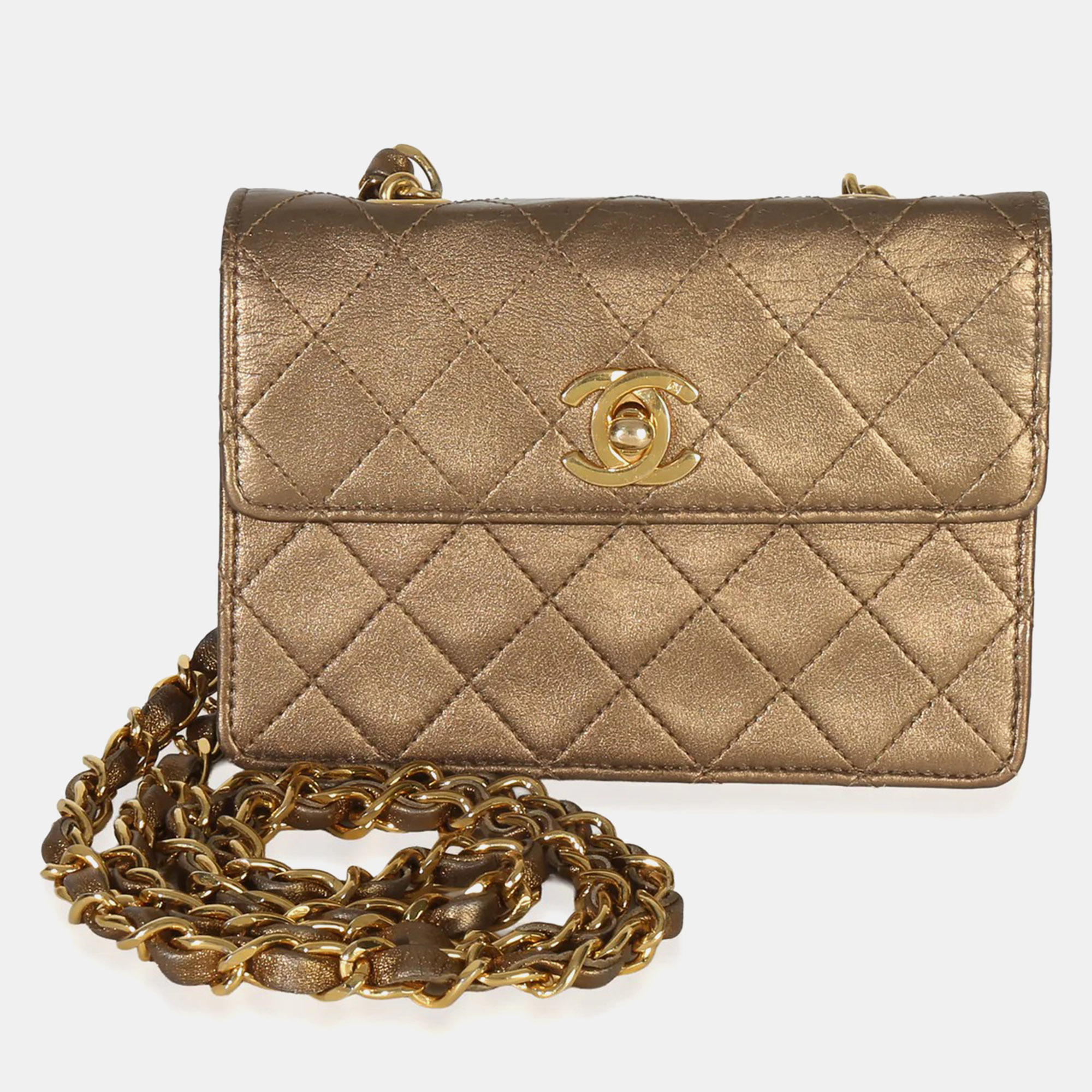 

Chanel Vintage Gold Metallic Quilted Lambskin Extra Mini Square Flap Bag