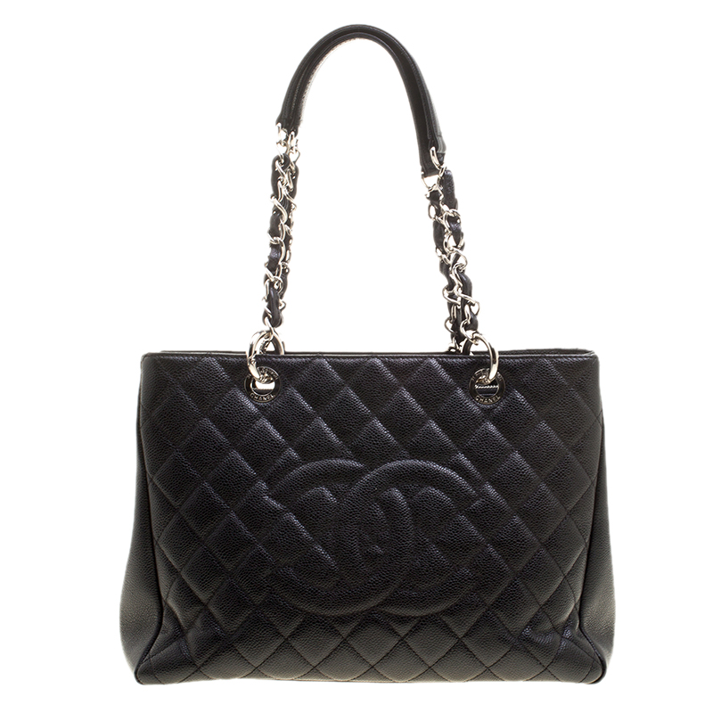 Pre Owned Chanel Black Quilted Caviar Leather Grand Shopping Tote