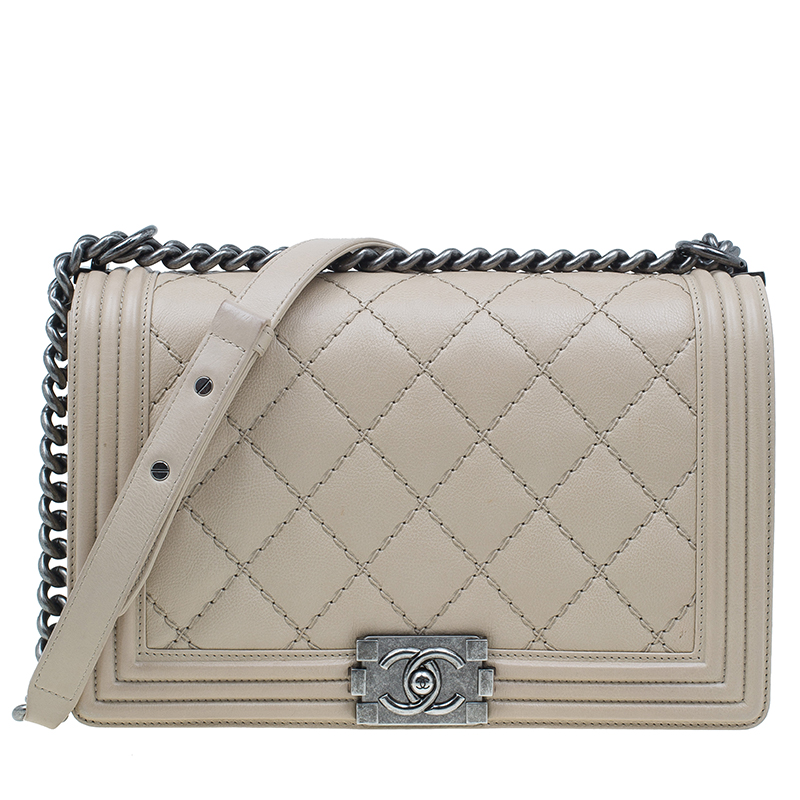 مملوكة مسبقًا Chanel Beige Leather Large Quilted Stitched Boy Bag