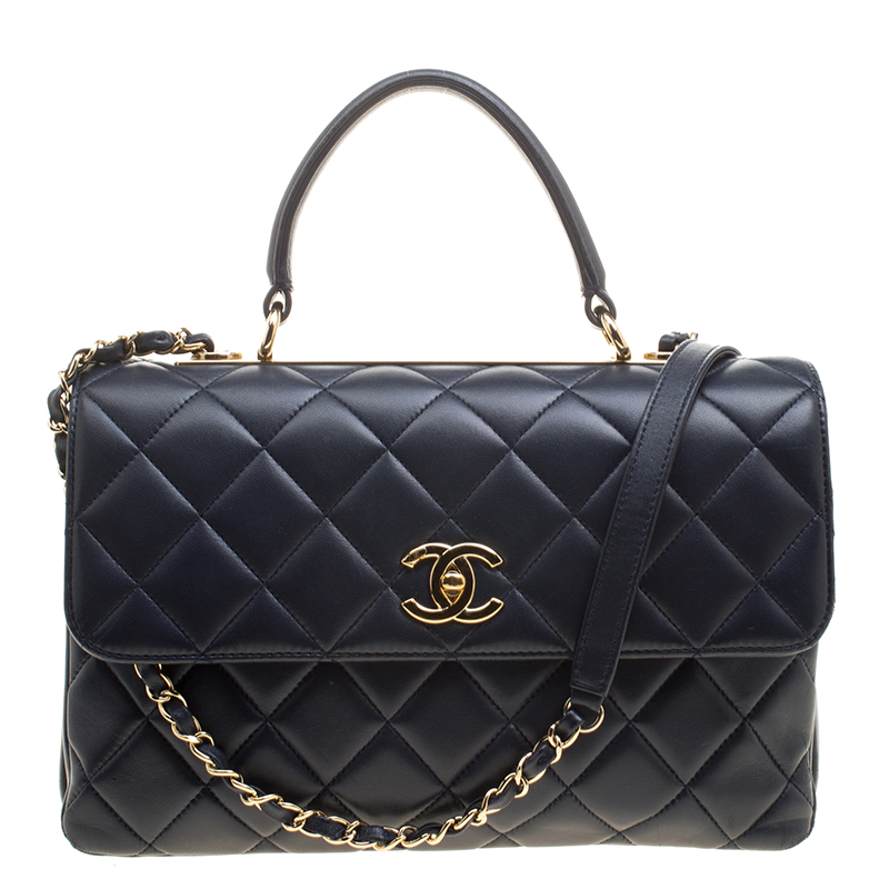 Chanel Navy Blue Quilted Leather Medium Flap Top Handle Bag