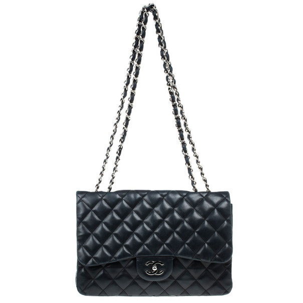 Pre Owned Chanel Black Lambskin Classic Jumbo Flap Bag