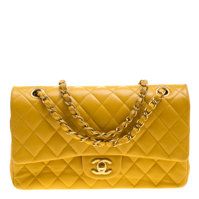 Chanel Yellow Quilted Leather Medium Classic Double Flap Bag Chanel ...