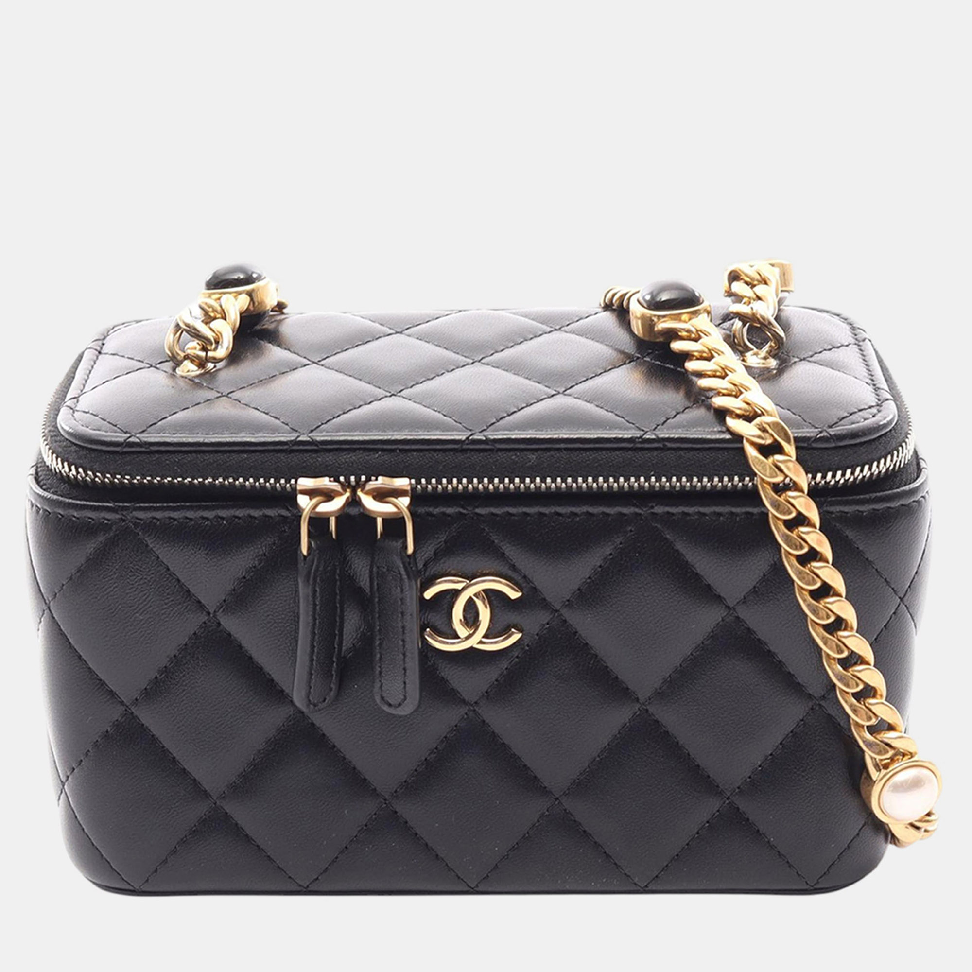 

Chanel Black Classic Vanity Case Small Black Quilted Lambskin Resin Pearl Chain Crossbody Bag