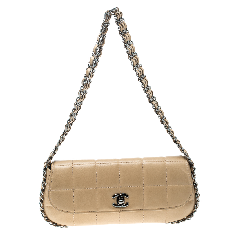 Pre Owned Chanel Beige Leather Triple Chain Chocolate Bar Flap Shoulder Bag
