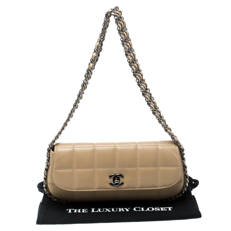 Chanel Beige Leather Triple Chain Chocolate Bar Flap Shoulder Bag Chanel