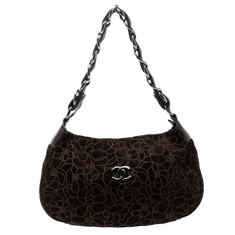 Pre Owned Chanel Brown Suede Camellia Embossed Hobo