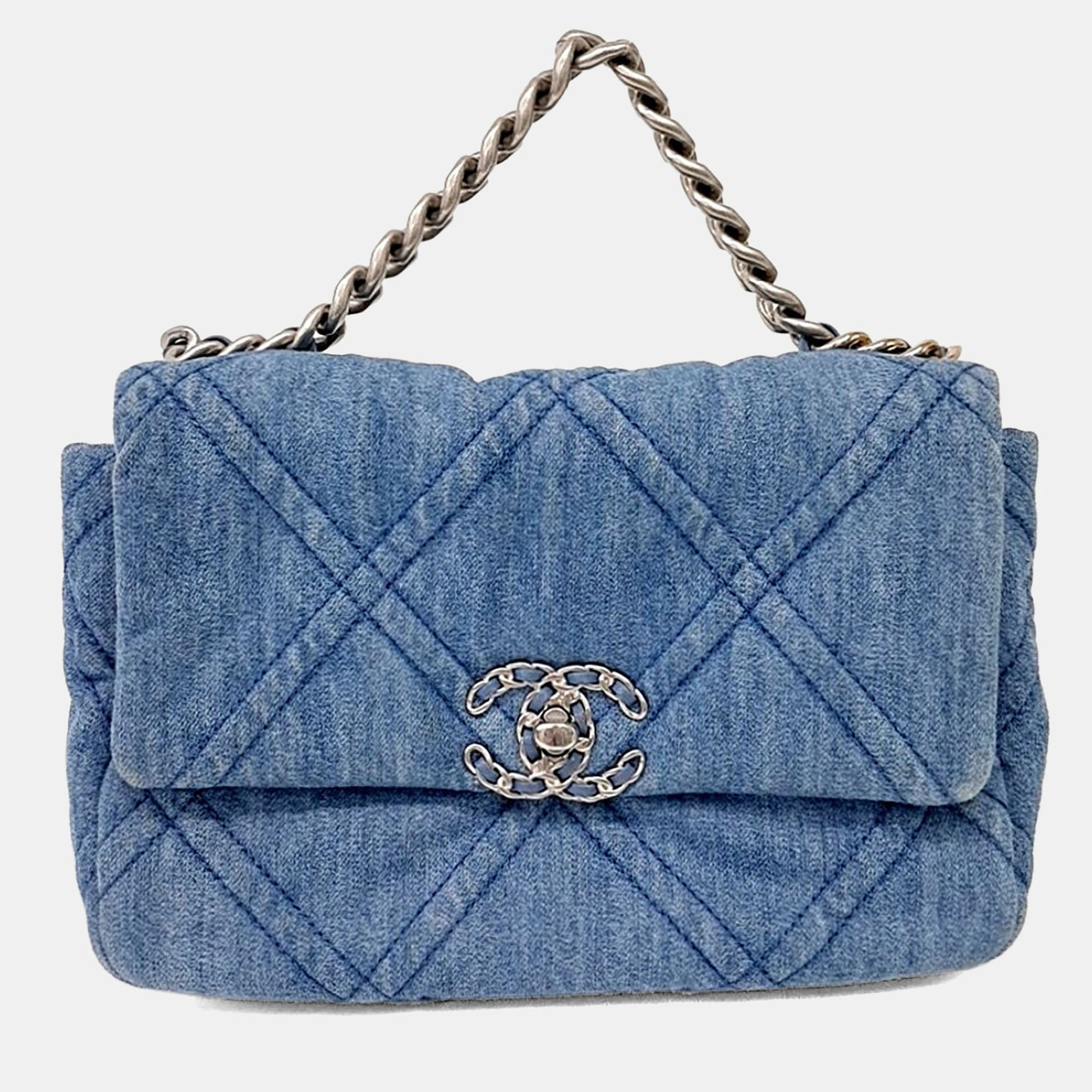 Pre Owned Chanel 19 Blue Denim Flap Bag Small