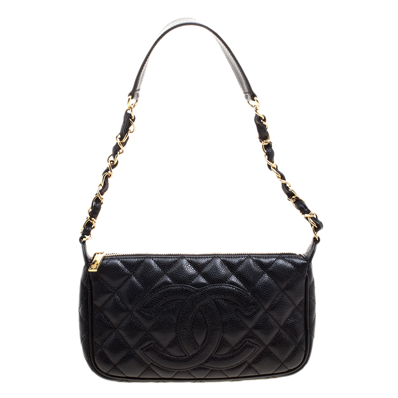 Pre Owned Chanel Black Quilted Caviar Leather CC Shoulder Bag