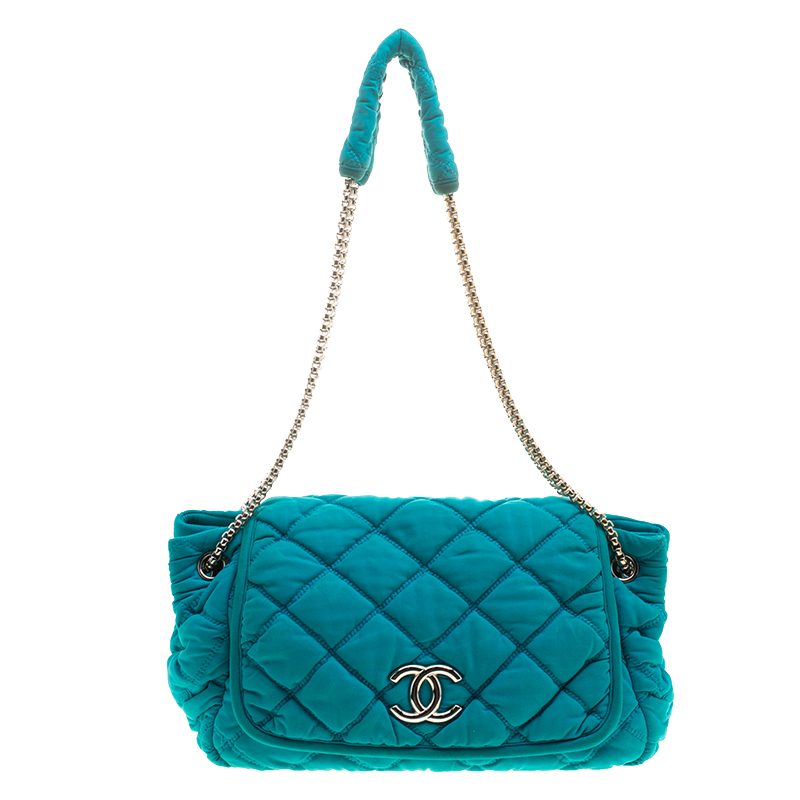 Chanel Turquoise Quilted Bubble Jersey Snake Effect Chain Shoulder Bag