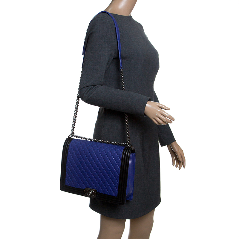 

Chanel Blue/Black Quilted Leather Large Boy Flap Bag