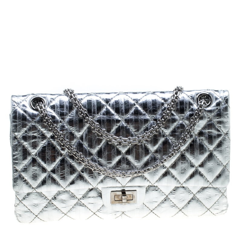 Chanel Silver Quilted Leather Striped Reissue 2.55 Classic 226 Flap Bag