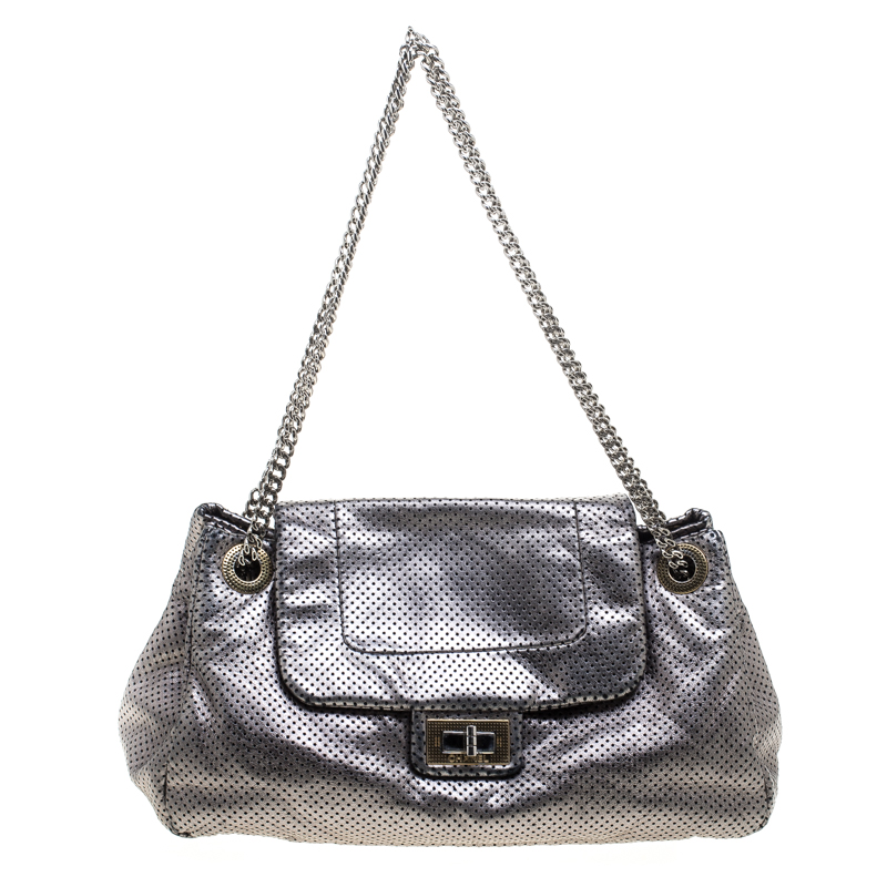 مملوكة مسبقًا Chanel Grey Drill Perforated Leather Large Classic Flap Accordion Bag