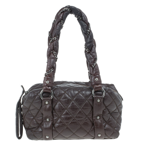 Pre Owned Chanel Brown Lambskin Bubble Quilt Bowler Satchel
