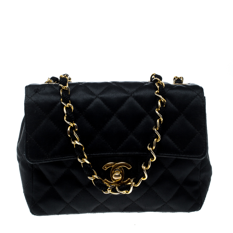 Pre Owned Chanel Black Quilted Satin Mini Vintage Classic Single Flap Bag