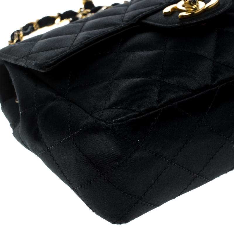 Chanel Black Quilted Satin Mini Vintage Classic Single Flap Bag