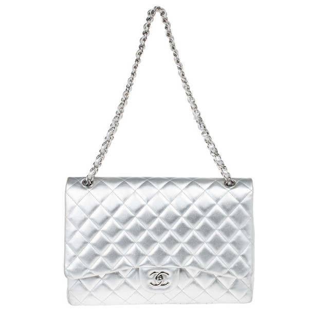 Chanel Metallic Silver Leather Maxi Flap Bag