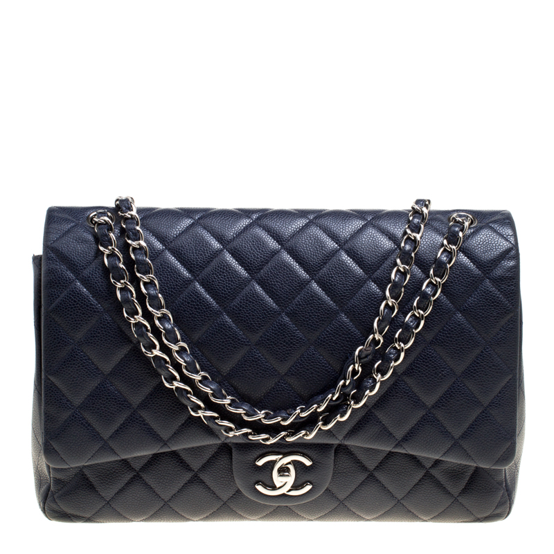 Pre Owned حقيبة شانيل ماكسي كلاسيك جلد مبطن بقلاب مزدوج سوداء