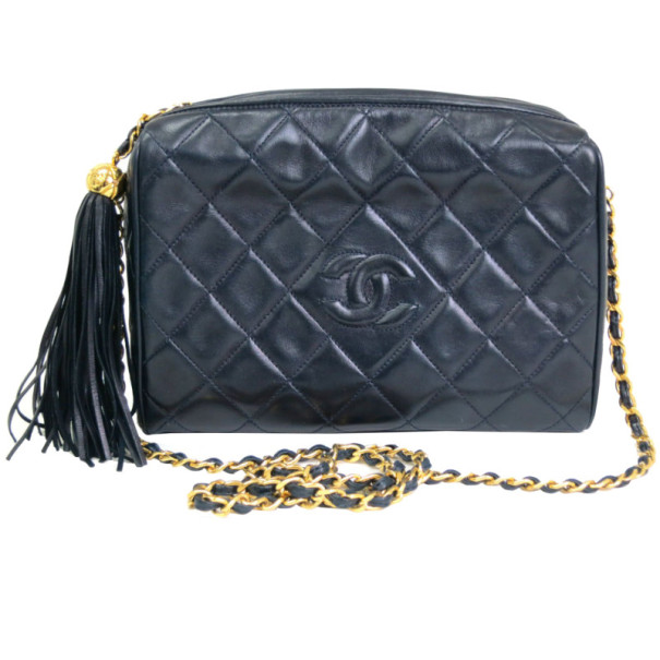 Pre Owned Chanel Navy Fringe Lambskin Shoulder Bag