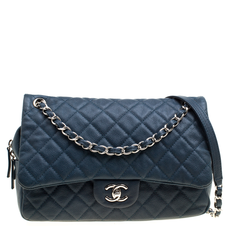 Pre Owned Chanel Navy Blue Quilted Caviar Leather Large Easy Flap Bag