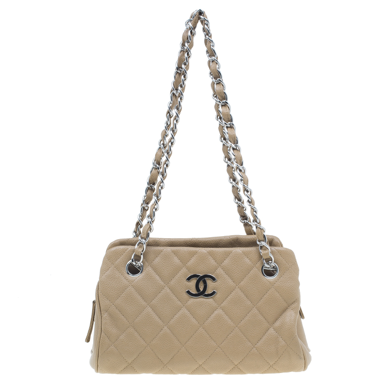 Pre Owned Chanel Beige Caviar Small CC Crown Camera Case