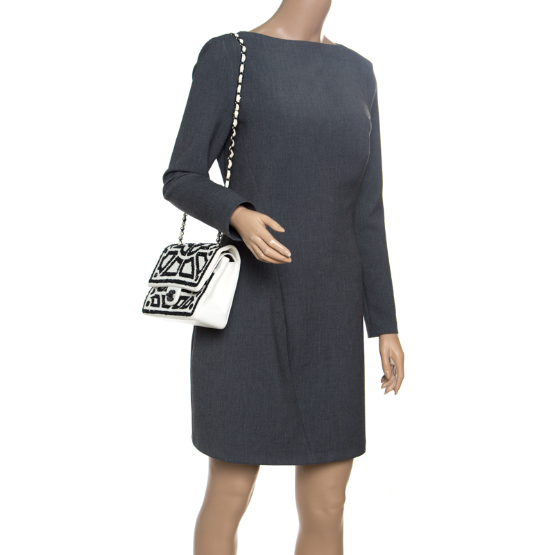 

Chanel White Leather Embroidered  Classic Double Flap Bag