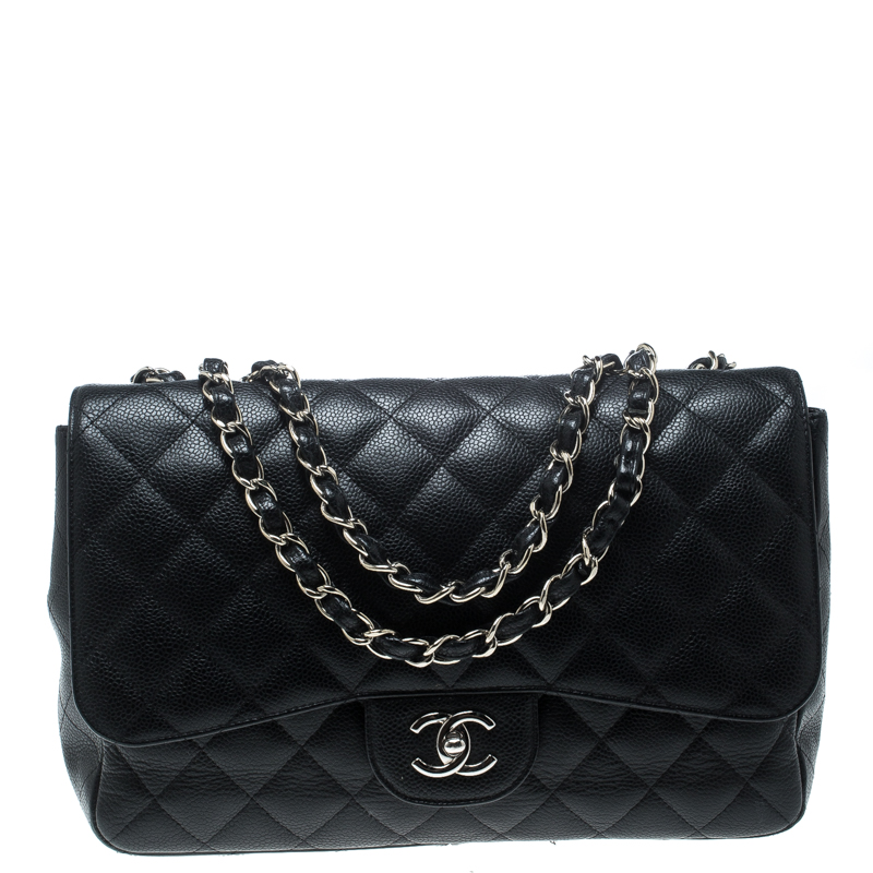 Pre Owned Chanel Black Quilted Caviar Leather Jumbo Classic Single Flap Bag