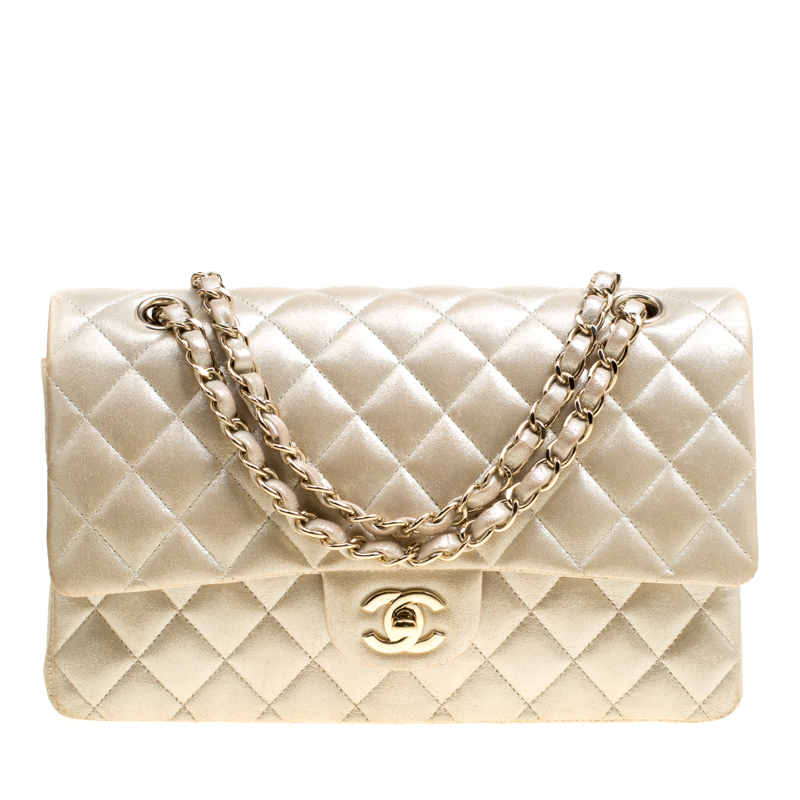 Chanel Metallic Beige Shimmering Quilted Leather Medium Classic Double Flap  Bag