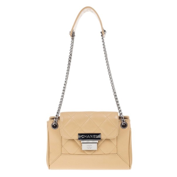 Pre Owned Chanel Beige Lambskin Mini Accordion Flap Bag