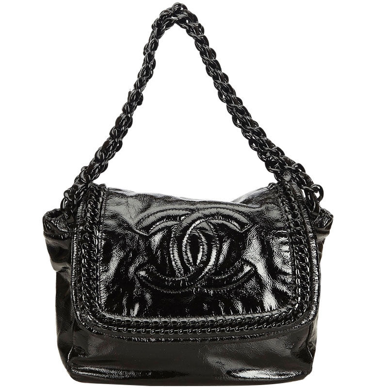 Chanel Black Patent Leather Luxe Ligne Accordion Flap Shoulder Bag