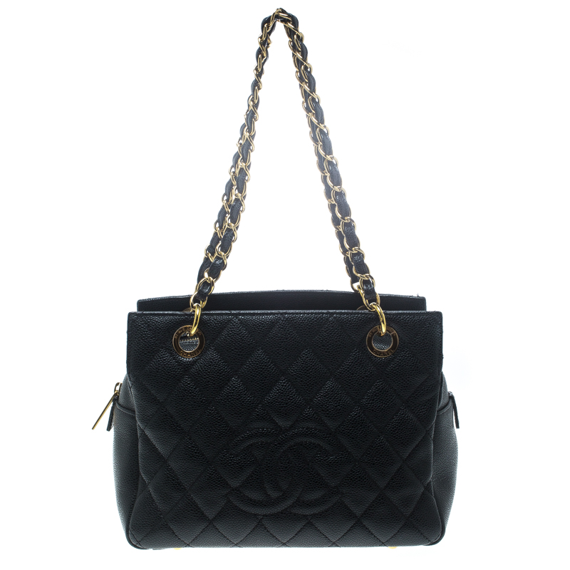 Pre Owned Chanel Black Quilted Caviar Leather Petite Timeless Shopper Tote
