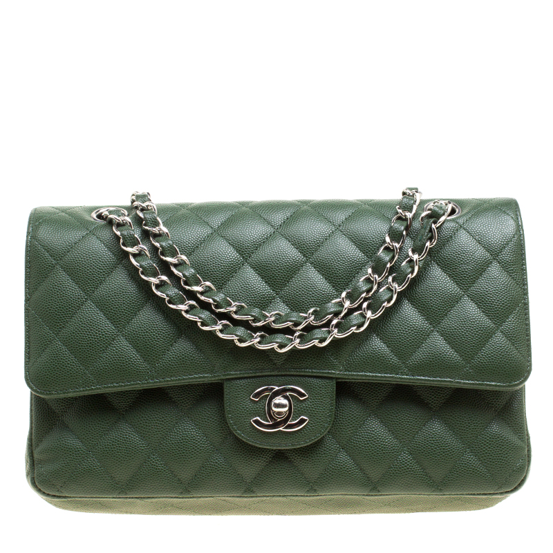 Chanel Green Quilted Caviar Leather Medium Classic Double Flap Bag ...