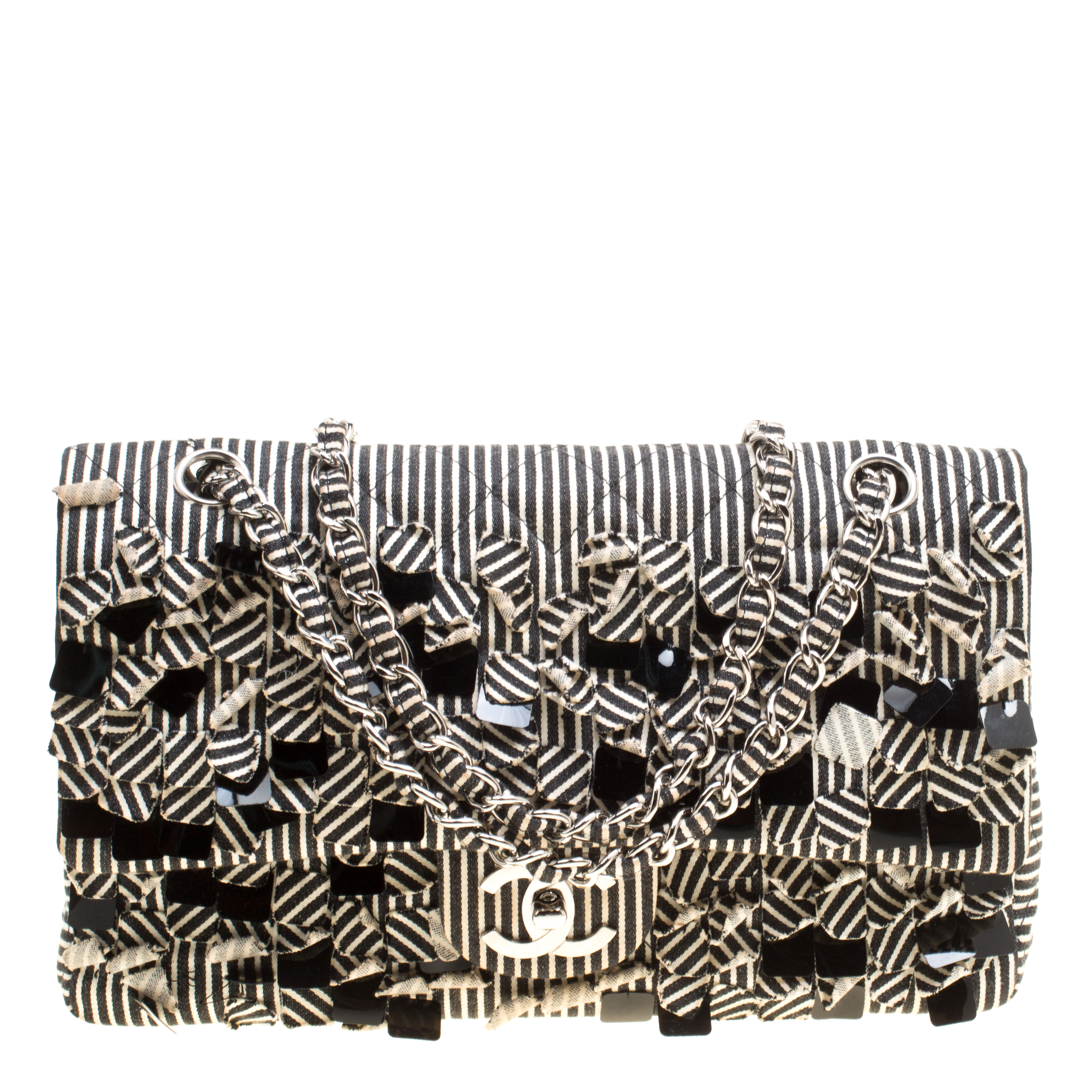 Chanel Black/White Stripe Fabric and Sequin Medium Classic Double Flap ...