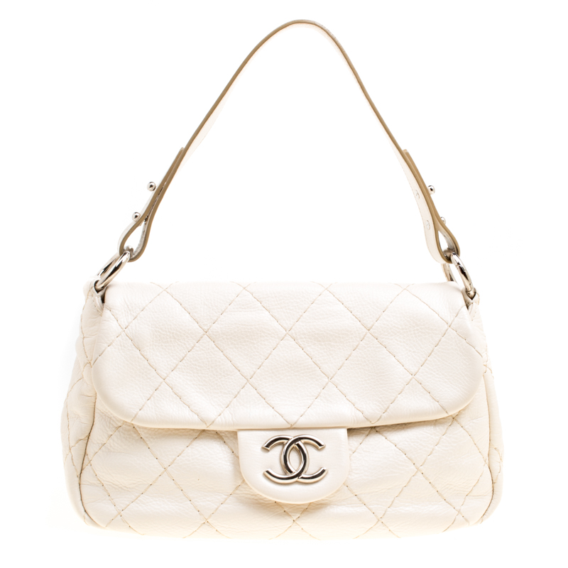Chanel Off White Quilted Leather Small On the Road Flap Bag Chanel