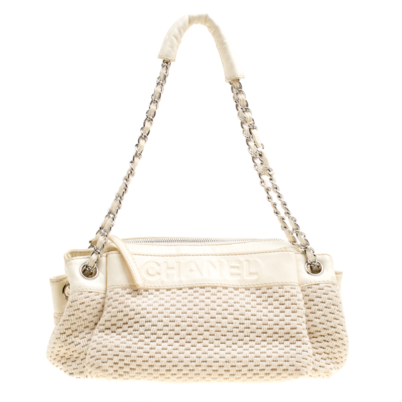 Pre Owned Chanel Cream Woven Fabric and Leather LAX Accordion Satchel