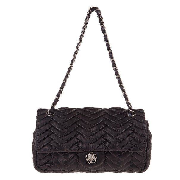 Pre Owned Chanel Black Pleated Leather Shoulder Bag
