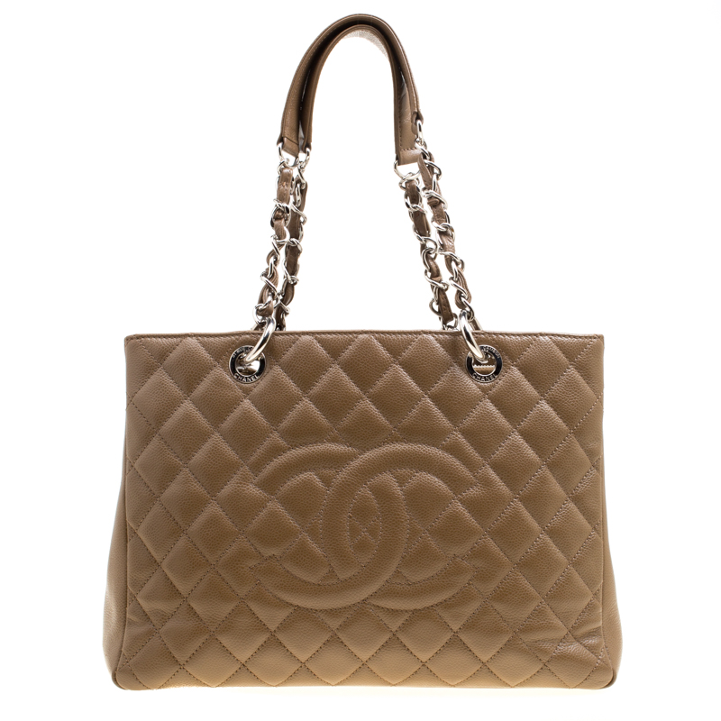 Chanel Taupe Brown Quilted Caviar Leather Grand Shopping Tote