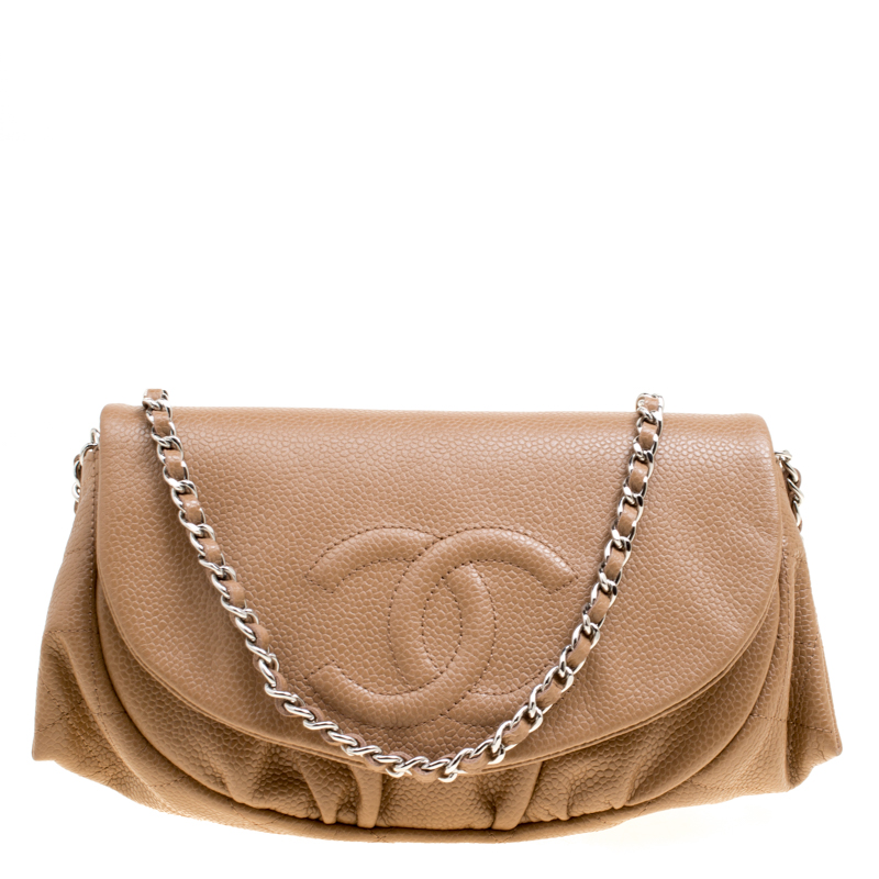 مملوكة مسبقًا Chanel Light Brown Quilted Caviar Leather Half Moon Wallet On Chain