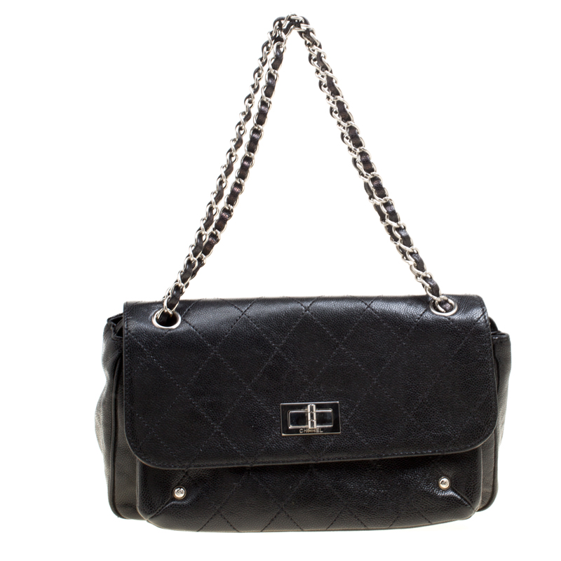 Pre Owned Chanel Black Quilted Caviar Leather Reissue Shoulder Bag