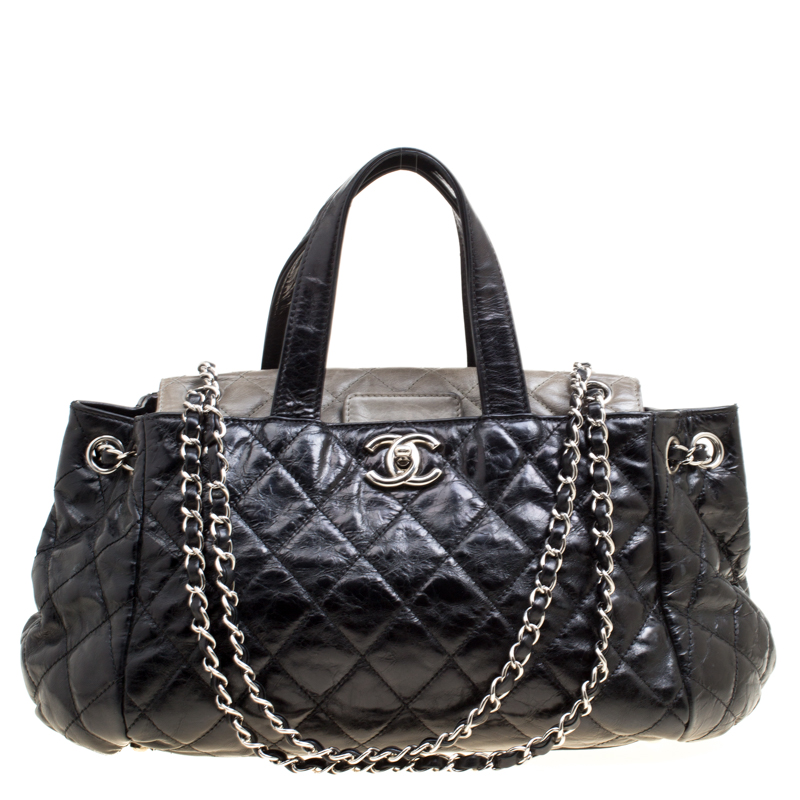 Pre Owned Chanel Black Quilted Glazed Leather Portobello Top Handle Bag