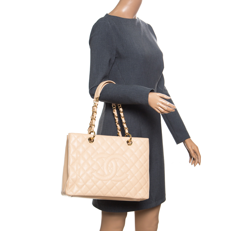 

Chanel Light Beige Quilted Caviar Leather Grand Shopping Tote