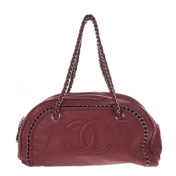 Pre Owned Chanel Maroon Leather Chain Trim Luxe Ligne Bowler Boston Duffle Bag