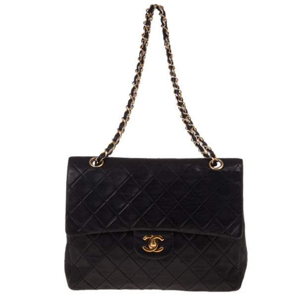 Pre Owned Chanel Black Lambskin Vintage Classic Flap Bag