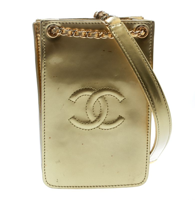 Chanel Gold Patent Leather CC Phone Holder Crossbody Bag