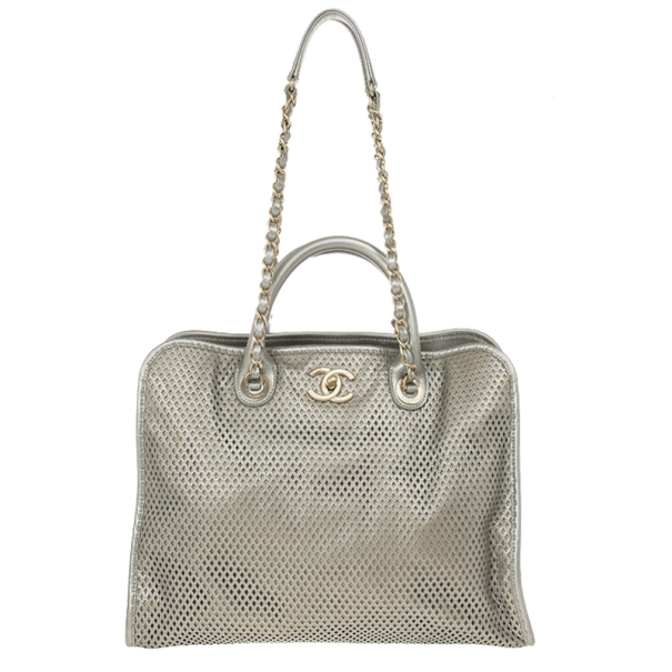 Pre Owned Chanel Silver Calfskin Perforated Leather Tote
