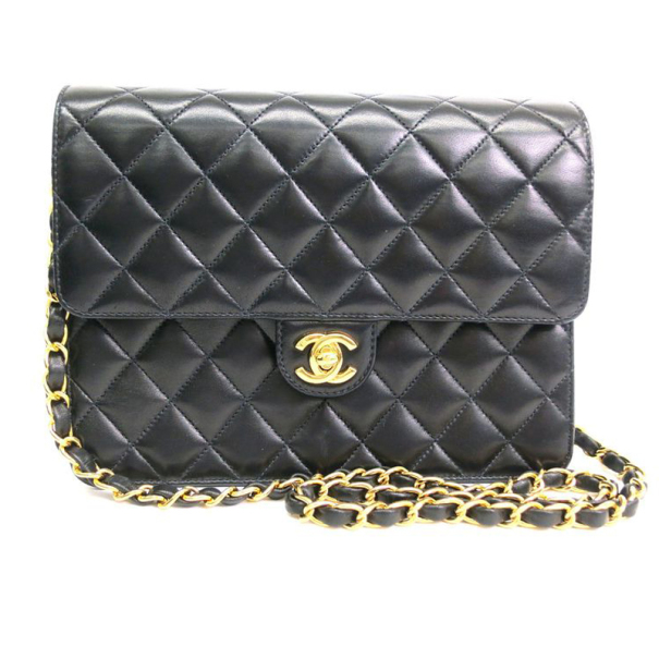 Pre Owned Chanel Black Lambskin Medium Classic Flap Bag