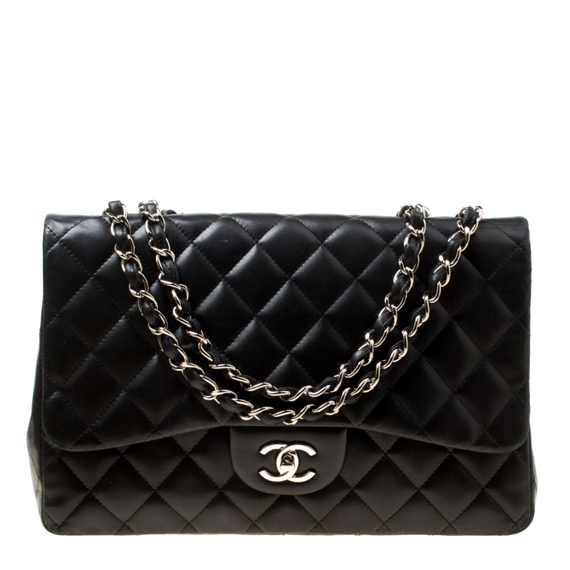 Pre Owned Chanel Black Quilted Leather Jumbo Classic Single Flap Bag