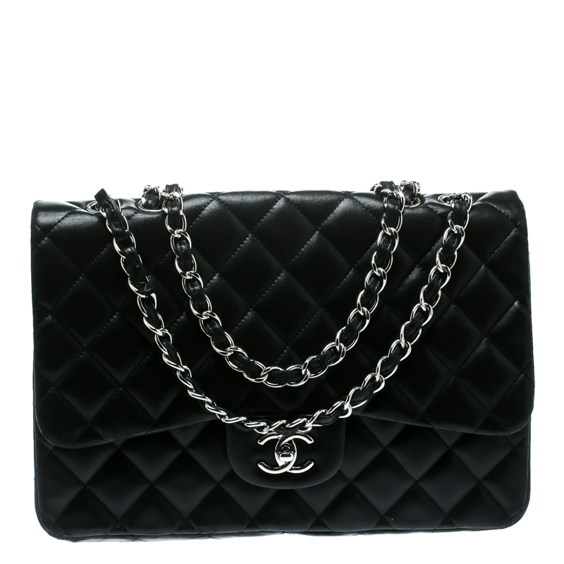 Pre Owned Chanel Black Quilted Leather Jumbo Classic Single Flap Bag