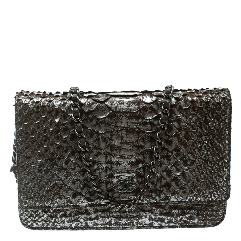 Chanel Brown/Grey Python CC Wallet on Chain